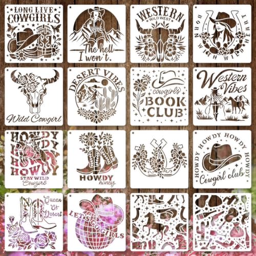 16 Cowgirl Stencils for Western Party Signs, Rodeo Gifts, Journals, Tags | 6 Inch PET Templates for Cowgirl Room Decor, Gift Bags, Country Crafts, and Small Boards - color: Cowgirl