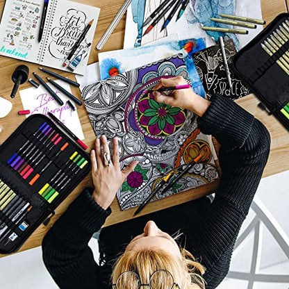 NIL - TECH Professional Artist Drawing Pens Set (36 Pcs) - 16 Dual Brush Markers, 10 Archival Fineliners, 3 Calligraphy Pens, White Gel Pen & Sketchbook - Waterproof Ink for Sketching & Lettering