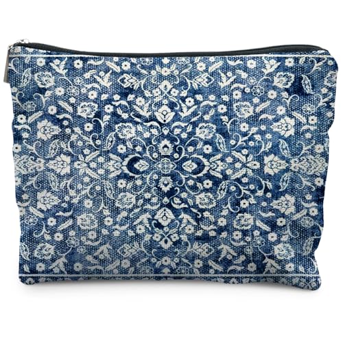 Vintage Blue Chinoiserie Floral Makeup Bag, Blue and White Flower Cosmetic Bags for Women, Retro Grandmillennial Indigo Floral Zipper Makeup Pouch - color: Dark Blue Flowers and grass