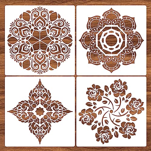 4 Pcs Extra Large Pattern Mandala Stencils Reusable Mandala Dot Painting Templates DIY Floral Spray Paint Stencil Drawing Craft Stencil for Wood Wall Tile Floor Canvas Furniture Rock Concrete (12x12) - color: Flower Style