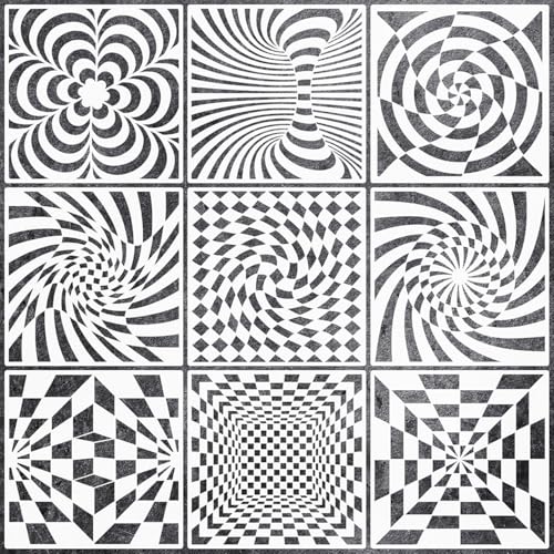 9 Pieces Abstract Geometric Stencil Set, Reusable Plastic Optical LiNE 3-D Illusion Stencil Sphere & Line Modern Wall Stencil Painting Templates for DIY Art, Scrapbooking, Drawing, Wall & Floor Decor