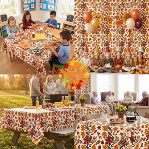 100FT x 54IN Thanksgiving Plastic Tablecloth Roll with Slide Cutter Box | Heavy Duty Disposable Fall Maple Leaf Table Cover Wall Backdrop, Harvest Pumpkin Table Cloth for Autumn Event Party Supplies - color: Brown Leaves, size: 1200" x 54" (Rectangular)