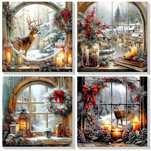 Bowetile 4 Pack Christmas Framed Paint by Numbers Deer for Adults, Adults' Paint-by-Number Deer Kits on Canvas, DIY Acrylic Number Painting Crafts Kits Gifts for Home Decor, 8x8in - color: Deer, Christmas
