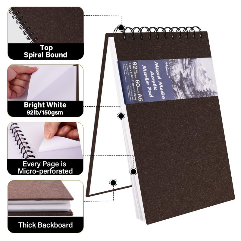 5.8" x 8.3" Mixed Media Sketch Book,Spiral Bound Hardcover Sketchbook,60 Sheets 92lb/150gsm Neutral White Acid Free Paper,Art Journal Sketchbook for Drawing Writing Sketching Illustration,Dark Coffee - color: Bright White-Dark Coffee