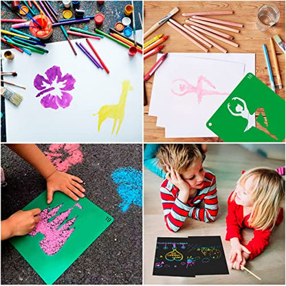 20 Pcs Stencils for Kids Stencil for Painting 8" Chalk Stencils Kids Style | Large Reusable Shape Template with 5 Pcs Scratch Paper, Sidewalk Chalk Stencil Ideal for Kids Outside Crafts Painting Drawing