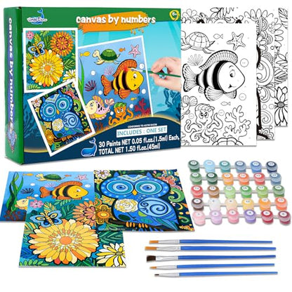 3 Pack Paint by Numbers for Kids Ages 8-12, Pre-Printed Acrylic Oil Painting, Includes (8x10, 8x9, 8x8 inch) Framed Canvas with 30 Acrylic Paint Pots, 5 Brushes for Kids, Art Supplies for Kids 9-12 - color: Undersea