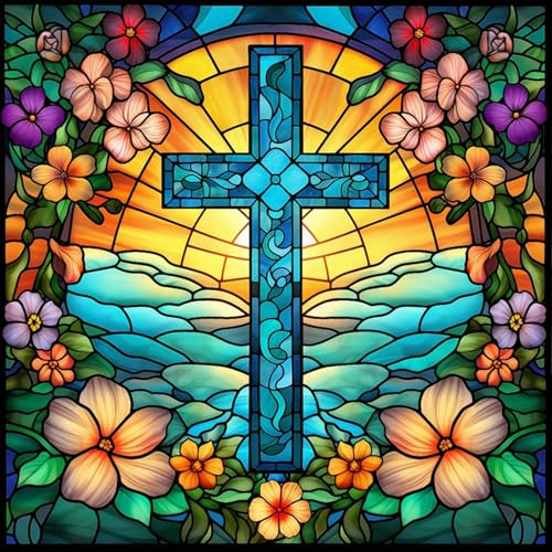 Christian Diamond Art Kit for Adult-Cross Diamond Painting Wall Art 14x14IN | Round Drill Religious Cross Diamond Painting for Beginners DIY Rhinestone 5D Diamond dots (Gemstone Craft) Wall Decor Gift - color: DP00973