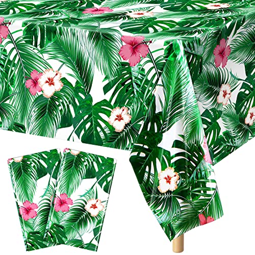 durony 2 Packs Hawaii Palm Leaves Plastic Tablecloths Table Cover 54 x 108 Inches Plastic Hawaii Luau Party Table Cloth Cover for Hawaii Luau Birthday Summer Tropical Party Supplies - style: Green Hawaiian