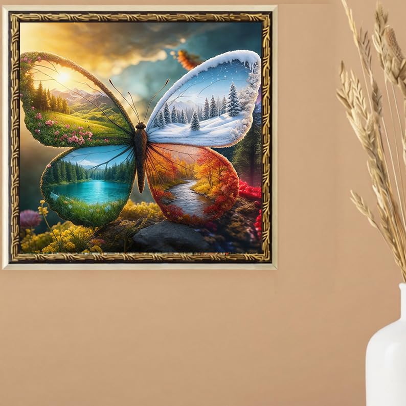 ALEXMACLIST 14x14 inch Four Seasons Butterfly Diamond Art Kit - Nature Spring Summer Autumn Winter Scenery, Fantasy Wings Landscape, Full Drill 5D Diamond Painting DIY Craft for biginner Lovers - color: Four Seasons Butterfly 01