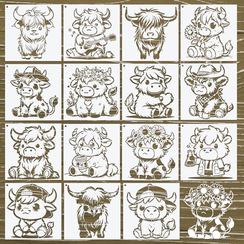 Keluna Highland Cow Stencils for Painting - 15 Pcs Animal Wood Burning Stencils, Farmhouse Cow Print Stencils for Crafts Reusable, Template for Painting on Canvas Wall Furniture Craft - style: highland cow