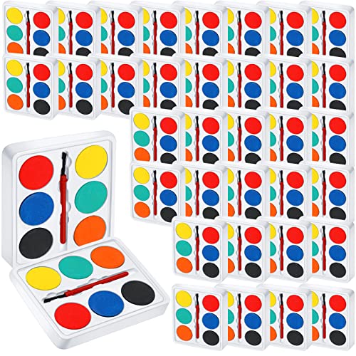 Outus 144 Pcs Watercolor Paint Set Bulk Mini Paint Set Washable Watercolor Palette with Painting Brushes for Art Party Supplies Prizes Stocking Stuffers, 3.3 x 2.6 Inch(6 Colors) - style: 6 Colors