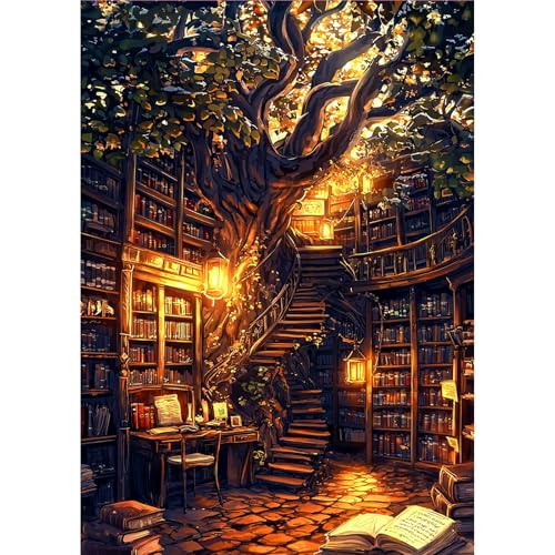 MOGTAA Bookshelf Landscape Diamond Art Kits for Adults, 5D Full Drill Diamond Painting Kits for Adults Beginner, DIY Round Diamond Dots for Adults, Gem Art Home Wall Decor 12 X 16Inch - color: Bookshelf