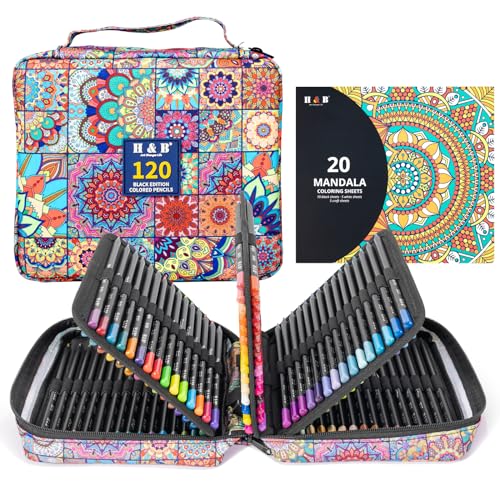 H & B 120 Colored Pencils Set for Adults with 3-Color Coloring Book & Case | Artist Soft Oil-Based Cores, Black Wood, Mandala Coloring for Stress Relief, Portable Drawing Kit with Sharpener & Eraser - size: 1 count (Pack of 120), style: 2-Mandala (BlackWo