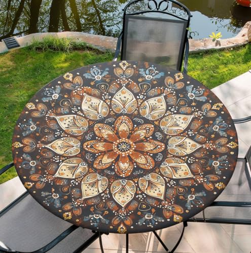 Round Table Cover for Round Tables 36"-70", Fitted Tablecloth with Elastic for Indoor Outdoor Party Holiday, 48inch, Boho - color: Boho-4, size: 48" (Round)