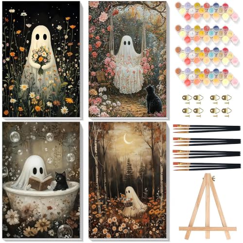 4 Pack Ghost Paint by Numbers for Adults with Framed Canvas - Wooden Easel | Halloween Paint by Number on Canvas, DIY Ghosts Acrylic Oil Painting Kits with Brushes for Home Wall Decor (8x12 inch) - color: BKH1393+BKH2660+BKH2661+BKH2662