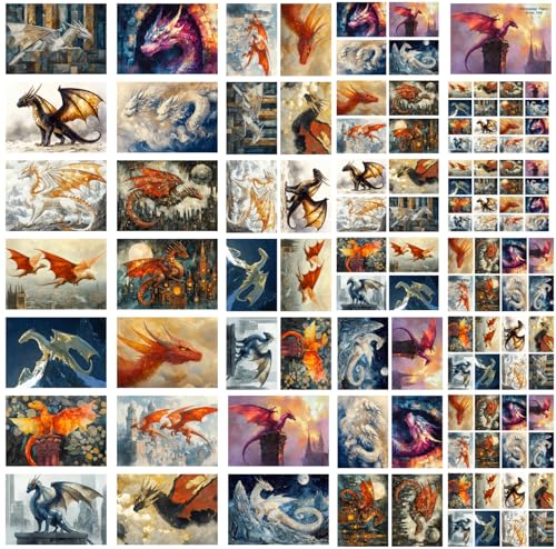 Decoupage Paper Pack (35 Sheets 6"x8") Regal Fantasy Dragons ~ Powerful Dragons in Fiery Reds, ICY Whites, and Twilight Tones, Captured mid-Flight in Epic Fantasy Illustration Painterly Richness - color: Four