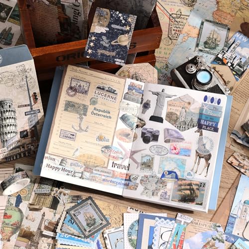 emmoolife Scrapbooking Supplies Kit, Daily Life World Travel Scrapbook Kit for Bullet Junk Journal, Stationery, A6 Grid Notebook, DIY Journaling Supplies, Birthday Craft Gift Teen Women - color: Journey