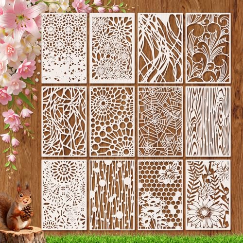 12Pcs Mixed Media Stencils for Painting,Reusable Abstract Texture Templates,Layering Spray Paint Stencils Kit for Wall Canvas Wood Card DIY Crafts Art