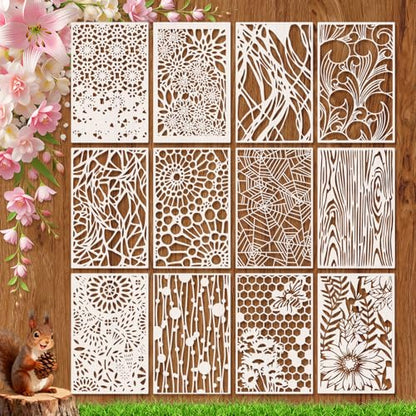 12Pcs Mixed Media Stencils for Painting,Reusable Abstract Texture Templates,Layering Spray Paint Stencils Kit for Wall Canvas Wood Card DIY Crafts Art