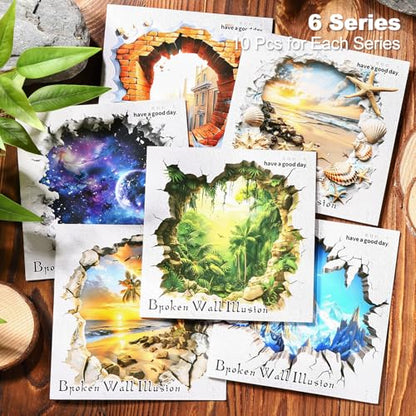 60Pcs Broken Wall Illusion Scrapbook Stickers, PET Fantasy Ephemera for Journaling, Craft Supplies and Junk Journal - color: Broken Wall