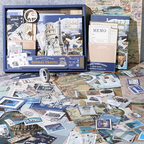 miikoul Vintage Scrapbooking Supplies Kit for Teen Girl Kid Women Diy Gift - color: Blue Travel