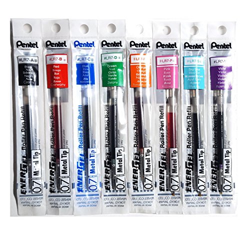 Pentel LR7 Refills for EnerGel Gel Pen, 0.7mm Metal Tip - Set of 8 Colors - Black, Blue, Red, Green, Orange, Pink, Sky Blue & Violet - Supplied Loose