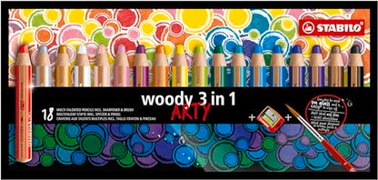 STABILO - woody 3-in-1 - Multi-Talented Pencil - ARTY - Pack of 18 - Assorted colors with Sharpener and Paint Brush