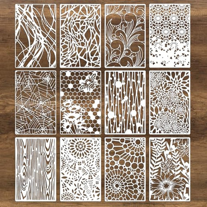 12Pcs Mixed Stencils for Painting, Art Stencils for Crafts Reusable, Wood Grains Flower Texture Templates Spider Web Layering Spray Paint Stencils Kit on Wall Canvas Cake Card DIY (11×7'') - size: 1.0