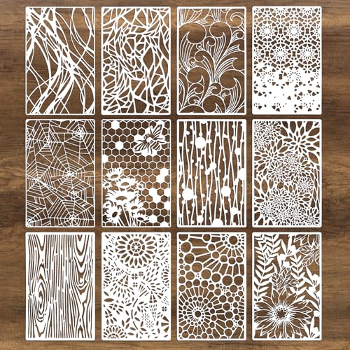 12Pcs Mixed Stencils for Painting, Art Stencils for Crafts Reusable, Wood Grains Flower Texture Templates Spider Web Layering Spray Paint Stencils Kit on Wall Canvas Cake Card DIY (11×7'') - size: 1.0
