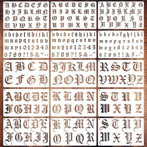 Old English 15-Piece Gothic Letter Stencils - 1 & 2 Inch, Calligraphy Alphabet & Number Templates for Painting, Crafts & DIY Art Projects - style: Gothic Letter