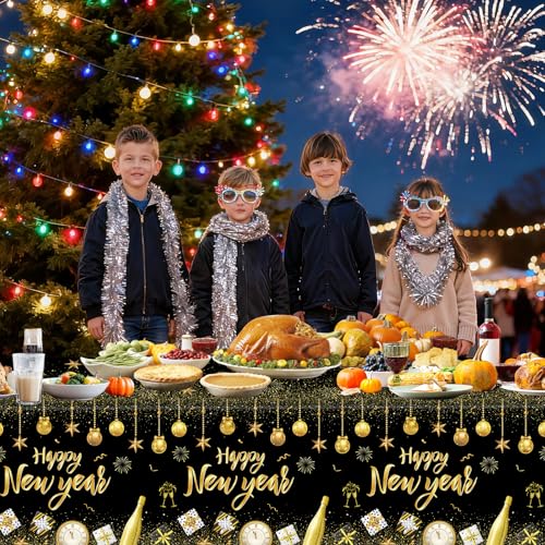 2 Pcs Happy New Years Tablecloth Plastic - Black Gold New Years Eve Party Supplies 2026 Table Cloth, Disposable Large Happy New Year Table Cover for 2026 New Year Party Tables Decorations, 54x108 Inch - color: Happy New Year