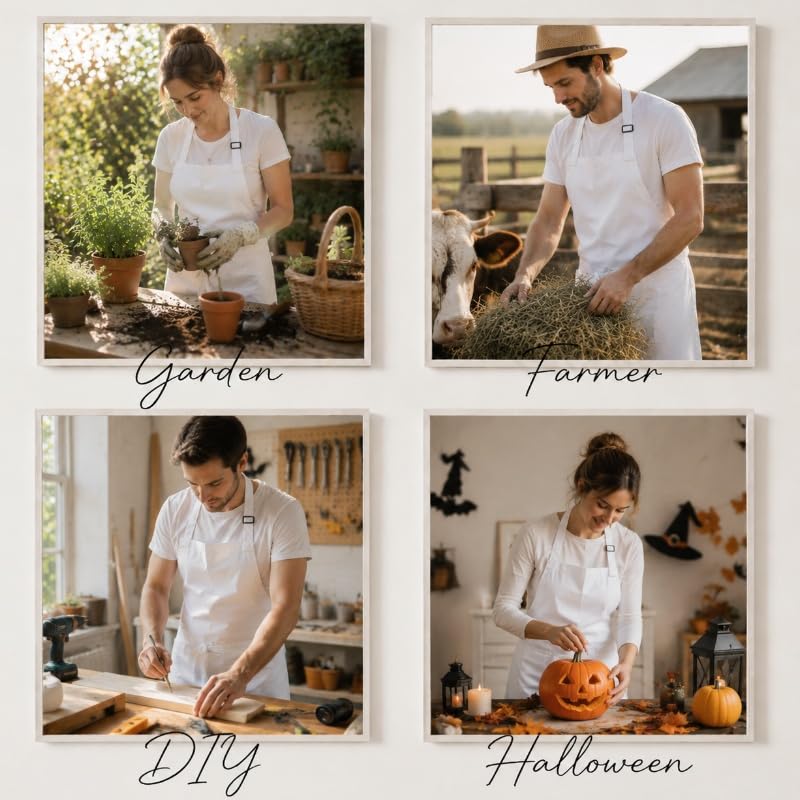 Polyester White/Black Bib Apron - 2 Large Pockets Women Aprons for Kitchen, Baking, Painting, and Halloween - color: White