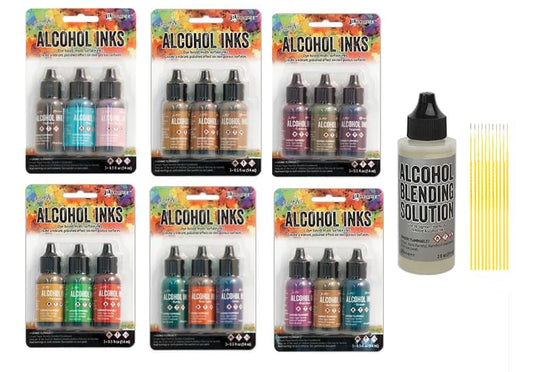 Tim Holtz Adirondack Alcohol Ink Bundle - 6 Packages - Retro Cafe, Rustic Lodge, Farmers Market, Conservatory, Natures Walk, Cabin Cupboard with 2oz Blending Solution with Trebbies Detail Sticks