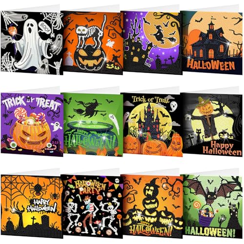 Saillong 12 Pack Halloween Diamond Painting Greeting Card Kits DIY Diamond Art Cards with Envelopes Bat Black Cat Pumpkin 5D Rhinestones Painting for Adults DIY Craft Family Friend Halloween Gifts - color: Halloween