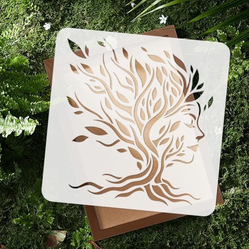 Tree Woman Face Stencil for Painting, 11.8"x11.8" Plastic Tree of Life Stencil Drawing Templates, Woman Leaves DIY Craft Paint Template for Wall Home Decor Wood Burning Card Journal Paper | 11.8" x 11.8" Plastic Craft Stencil, Tree Woman Wall Stencil, DIY