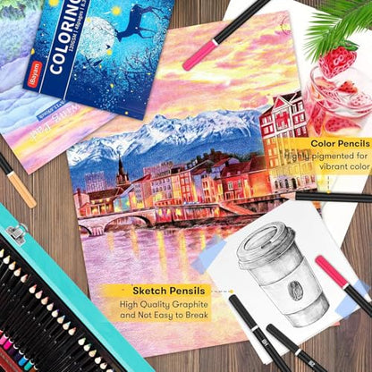 iBayam 150-Pack Deluxe Art Supplies with 1 Coloring Book, 2 Sketch Pads | All-in-one art kit with pencils, pastels & watercolors in a wooden case. Safe, non-toxic, perfect for kids & adult beginners. - color: Teal