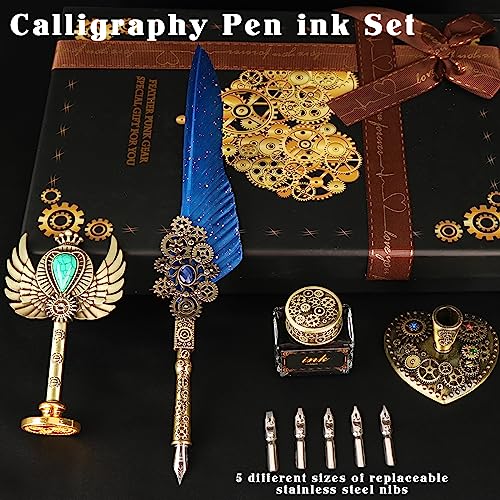 Aifeiter Quill Pen ink Set,Wax Seal Stamp Set,Calligraphy Pen ink Set,Feather Calligraphy Pen Set,Beautiful Gift Calligraphy Set,Christmas Gifts-Blue - color: Blue