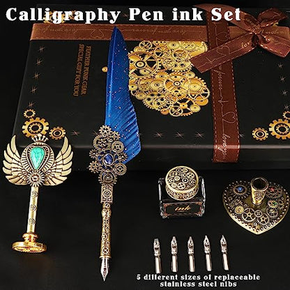 Aifeiter Quill Pen ink Set,Wax Seal Stamp Set,Calligraphy Pen ink Set,Feather Calligraphy Pen Set,Beautiful Gift Calligraphy Set,Christmas Gifts-Blue - color: Blue