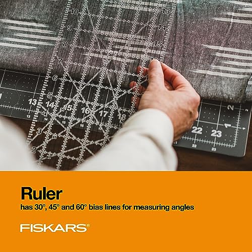 Fiskars 3-Piece Fabric Cutting Set, Rotary Cutter, Cutting Mat & Ruler | 45mm Ergonomic Loop Rotary Cutter w/ Blade, Sewing Ruler to Cut Directly from the Bolt, Folding Cutting Mat for Easy Storage