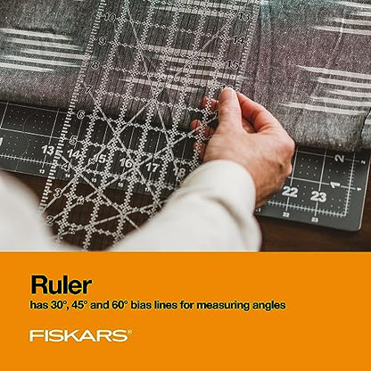 Fiskars 3-Piece Fabric Cutting Set, Rotary Cutter, Cutting Mat & Ruler | 45mm Ergonomic Loop Rotary Cutter w/ Blade, Sewing Ruler to Cut Directly from the Bolt, Folding Cutting Mat for Easy Storage