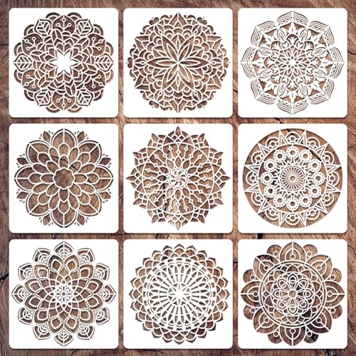 Mandala Stencils, 9Pcs Mandala Template Reusable Mandala Dotting Stencils Kit Plastic Painting Templates for DIY Art Scrapbook Home Decor and Crafts (6x6in)