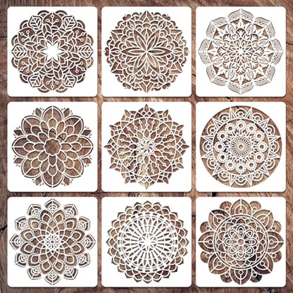 Mandala Stencils, 9Pcs Mandala Template Reusable Mandala Dotting Stencils Kit Plastic Painting Templates for DIY Art Scrapbook Home Decor and Crafts (6x6in)
