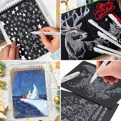 PANDAFLY White Gel Pens, 3-Pack, 0.5/0.8/1.0mm Assorted Tip | Opaque White Archival Ink Pens for Highlights, Black Paper Drawing, Sketching, Illustration, Card Making, Bullet Journaling - style: White-0.5+0.8+1.0mm