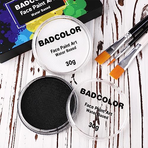 Black & Clown White Face Body Paint with 3Pcs Painting Brushes, Water Based SFX Makeup Palette for Kids & Adults, Non-Toxic Facepaint for Halloween, Cosplay, Costume & Theater - color: Black+White+3Pcs Brushes
