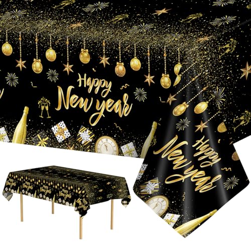 2 Pcs Happy New Years Tablecloth Plastic - Black Gold New Years Eve Party Supplies 2026 Table Cloth, Disposable Large Happy New Year Table Cover for 2026 New Year Party Tables Decorations, 54x108 Inch - color: Happy New Year