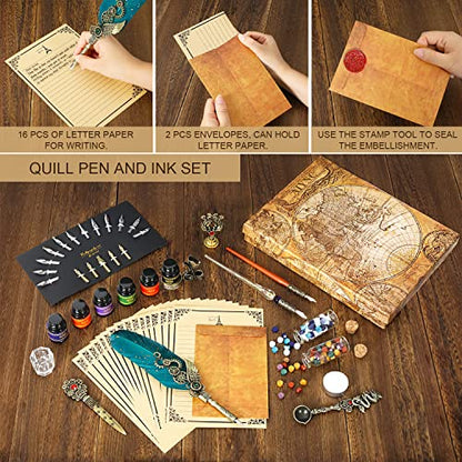 Feather Ink Set, With Quill Pen, Wooden Dip Pen, Glass Dip Pen, 6 Bottles Ink, 16 Letter Paper, 2 Envelopes, 17 Nibs, Pen Holder, 2 Bottles Fire Lacquer Wax, Stamp, Spoon, White Wax, Cup(Green) - color: Green