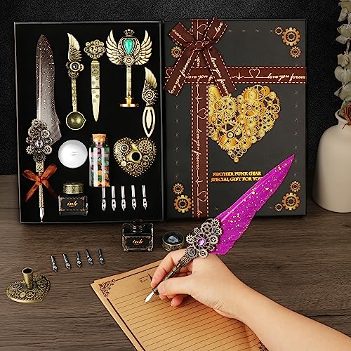 Feather Quill Calligraphy Pen Set With Ink and Wax Seal Stamp - Beautiful Gift Set for Christmas - Grey - color: Grey