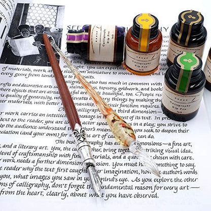 MU-02 Calligraphy Pen Set, Glass Dip Pen and Handcrafted Wooden Dip Pen Gift Set with 5 Colors Calligraphy Ink 6 Nibs, Calligraphy Set for Beginners