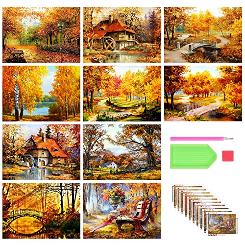 Stalente 10 Pack Diamond Painting Kits for Adults, Landscape Autumn Round Full Drill Diamond Art Kits, 5D DIY Paint with Diamonds Crafts for Home Wall Decoration Gifts 12×16 Inch - color: Yellow