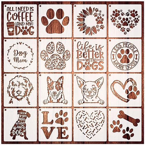 16 Pieces Dog Stencils Dog Paw Stencil for Painting on Wood Reusable Painting Templates for DIY Crafts Scrapbook Sign Shirt Canvas (16 Dog) - style: 16 Dog